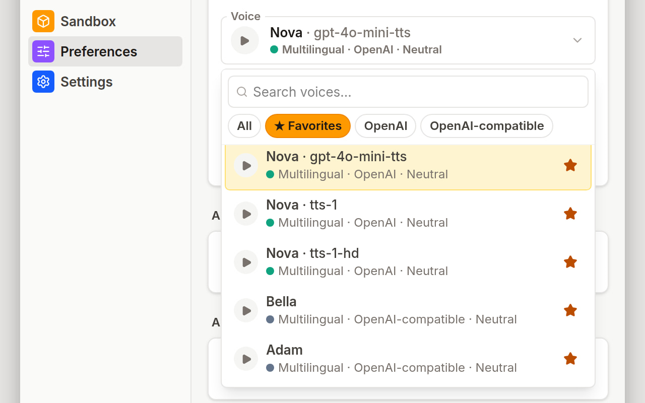 The Preferences view with the voice picker open: a search box, filter chips for All, Favorites, OpenAI, and OpenAI-compatible, and a list of starred voices with play buttons.