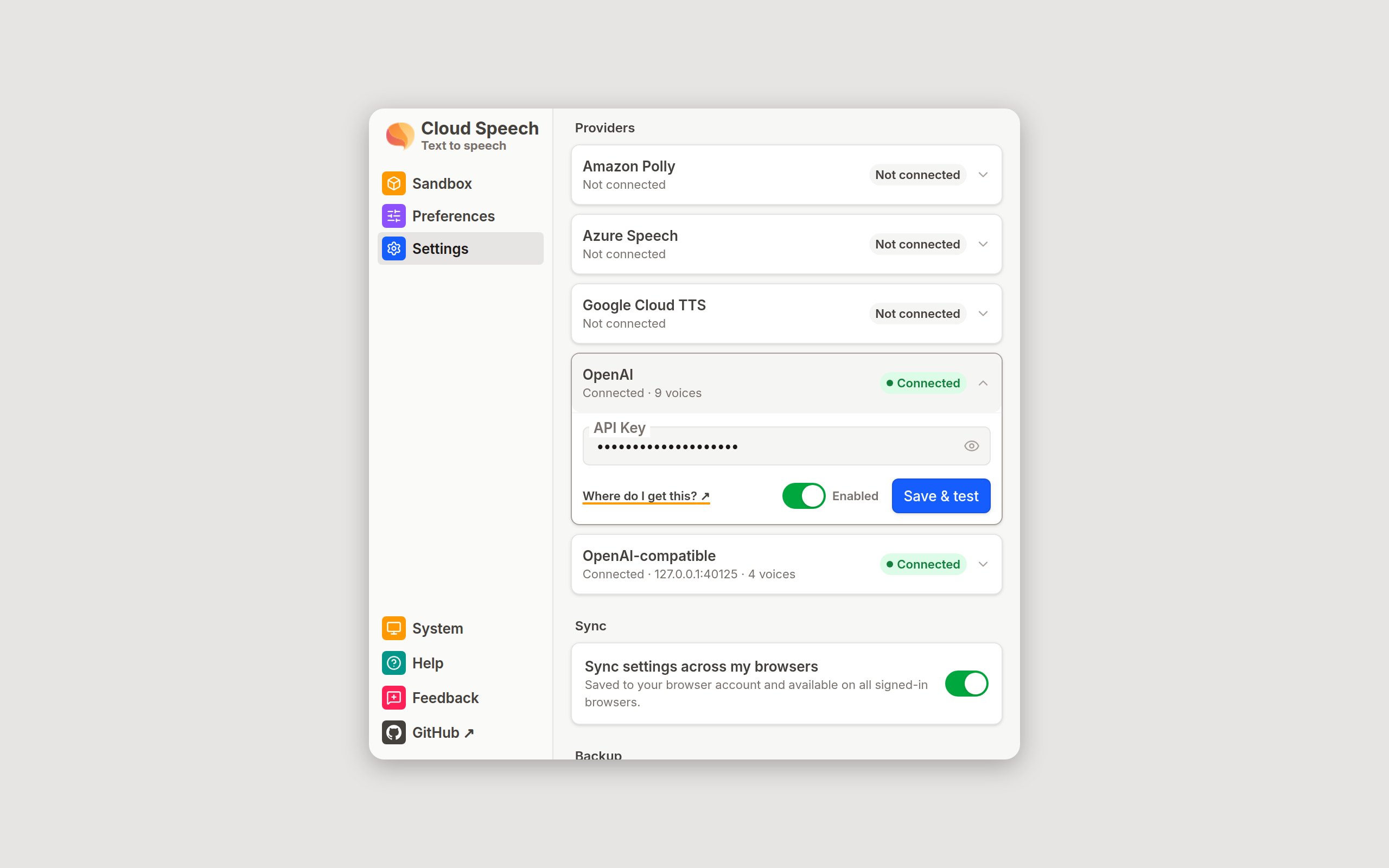 The Settings view with the OpenAI card expanded: a masked API key field, a link to the setup guide, an Enabled switch, a Save and test button, and a green Connected badge.