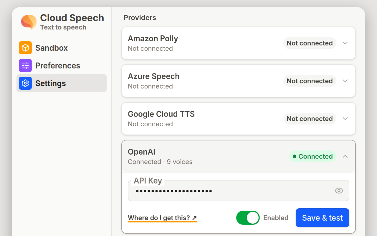 The Settings view with the OpenAI card expanded: a masked API key field, a link to the setup guide, an Enabled switch, a Save and test button, and a green Connected badge.