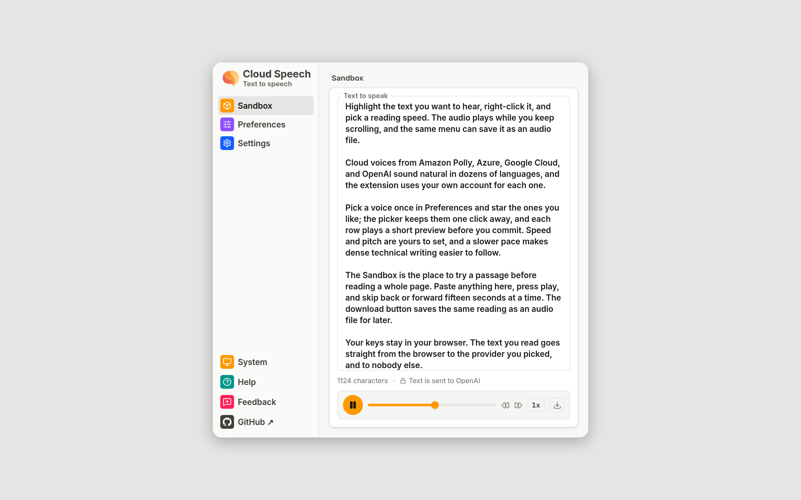 The Sandbox view with a passage playing: a character count, a note that the text is sent to OpenAI, and a player with pause, skip, speed, and download controls.