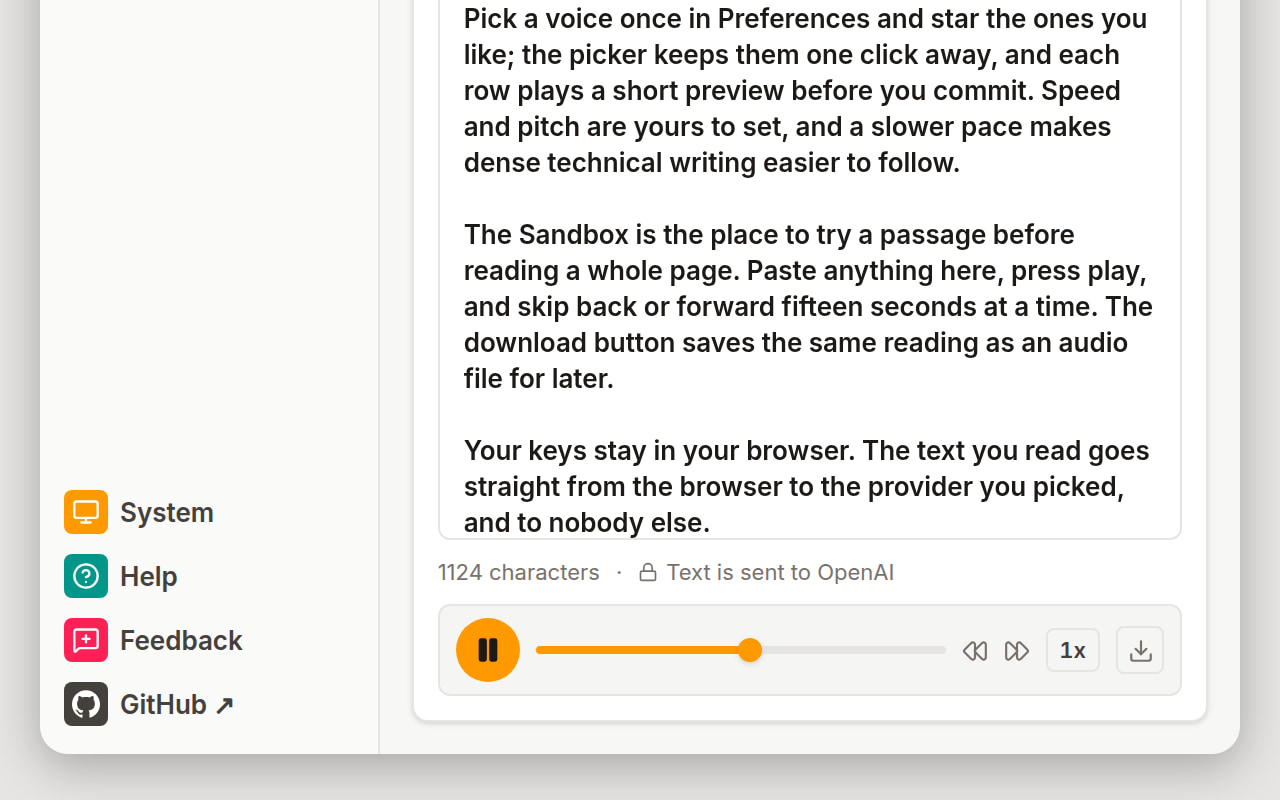 The Sandbox view with a passage playing: a character count, a note that the text is sent to OpenAI, and a player with pause, skip, speed, and download controls.