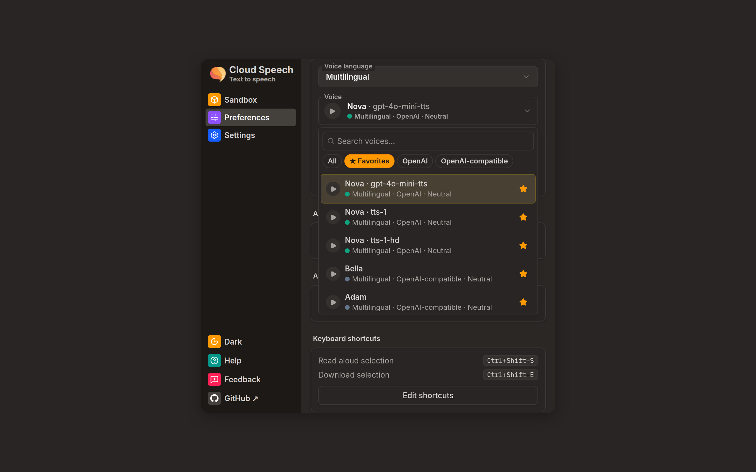 The Preferences view in the dark theme, with the voice picker open and the sidebar's theme switch set to Dark.