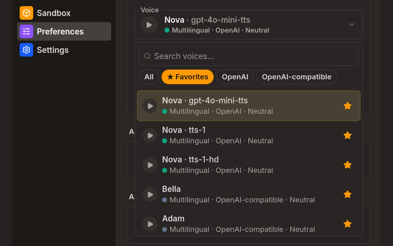 The Preferences view in the dark theme, with the voice picker open and the sidebar's theme switch set to Dark.