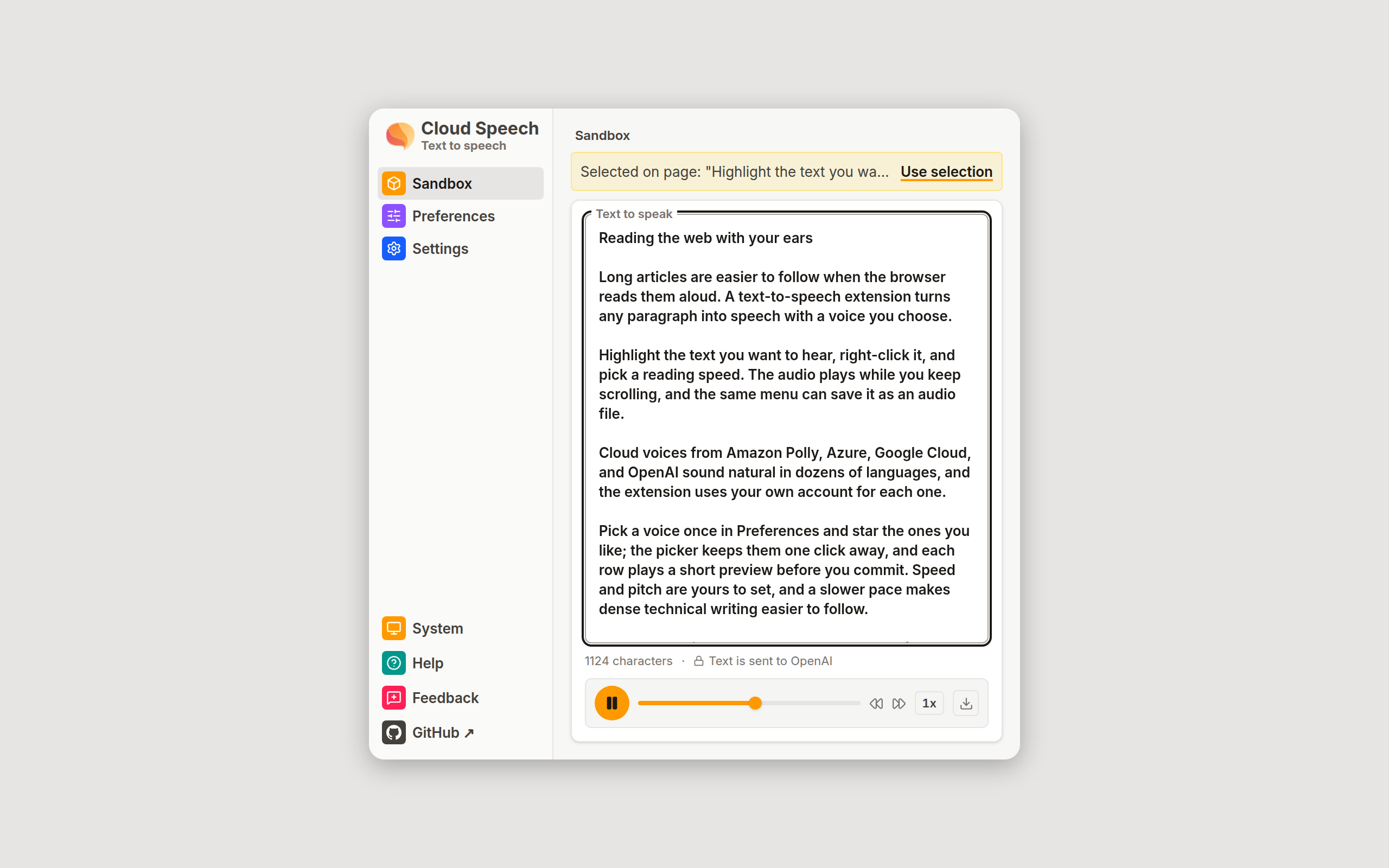 The Sandbox view while a page is being read: a Selected on page banner quoting the highlighted text with a Use selection button, and the text box holding the first lines of an article.