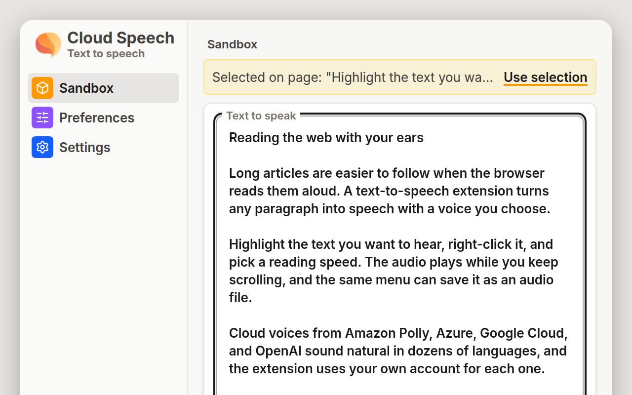 The Sandbox view while a page is being read: a Selected on page banner quoting the highlighted text with a Use selection button, and the text box holding the first lines of an article.