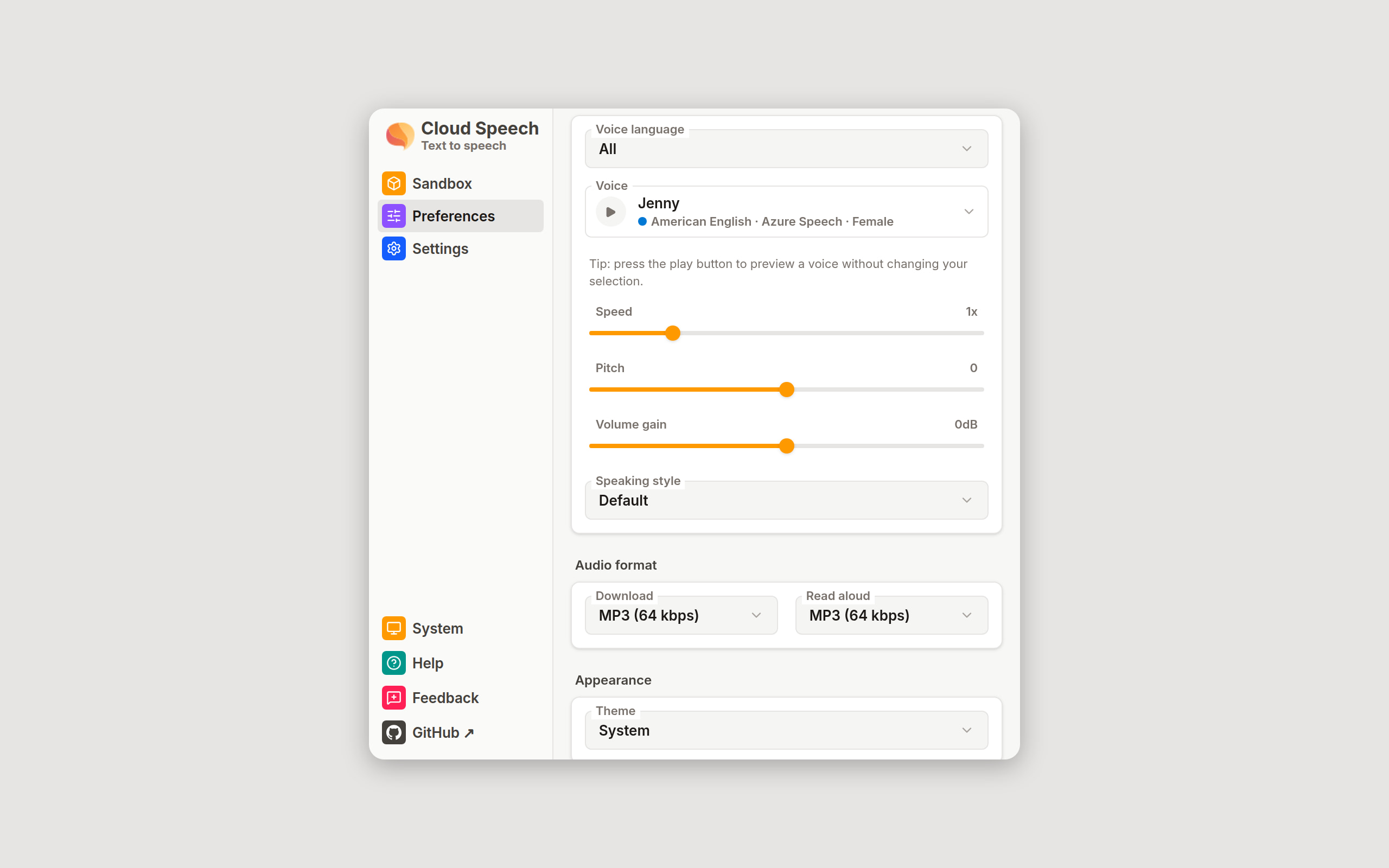 The Voice and prosody card in Preferences: the Voice language menu, the Voice field with Jenny selected, and the Speed, Pitch, and Volume gain sliders above a Speaking style menu.