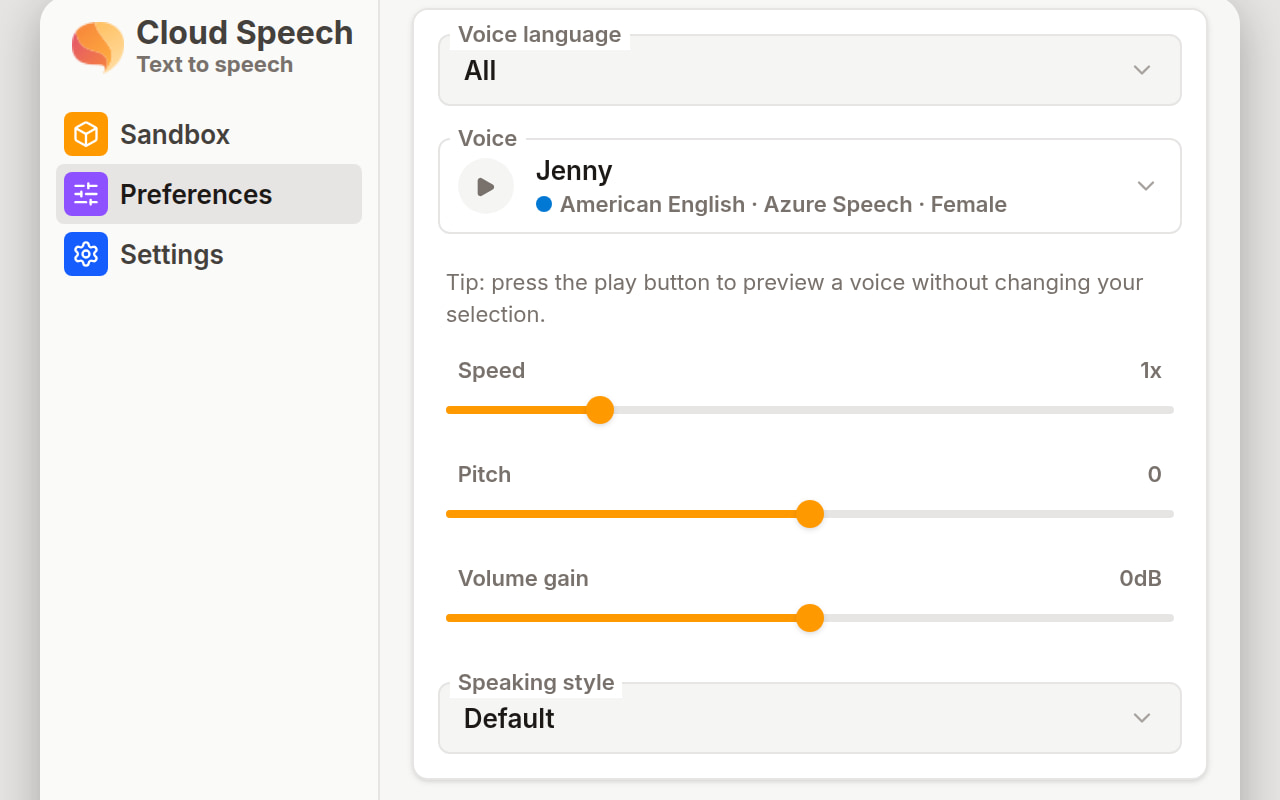 The Voice and prosody card in Preferences: the Voice language menu, the Voice field with Jenny selected, and the Speed, Pitch, and Volume gain sliders above a Speaking style menu.