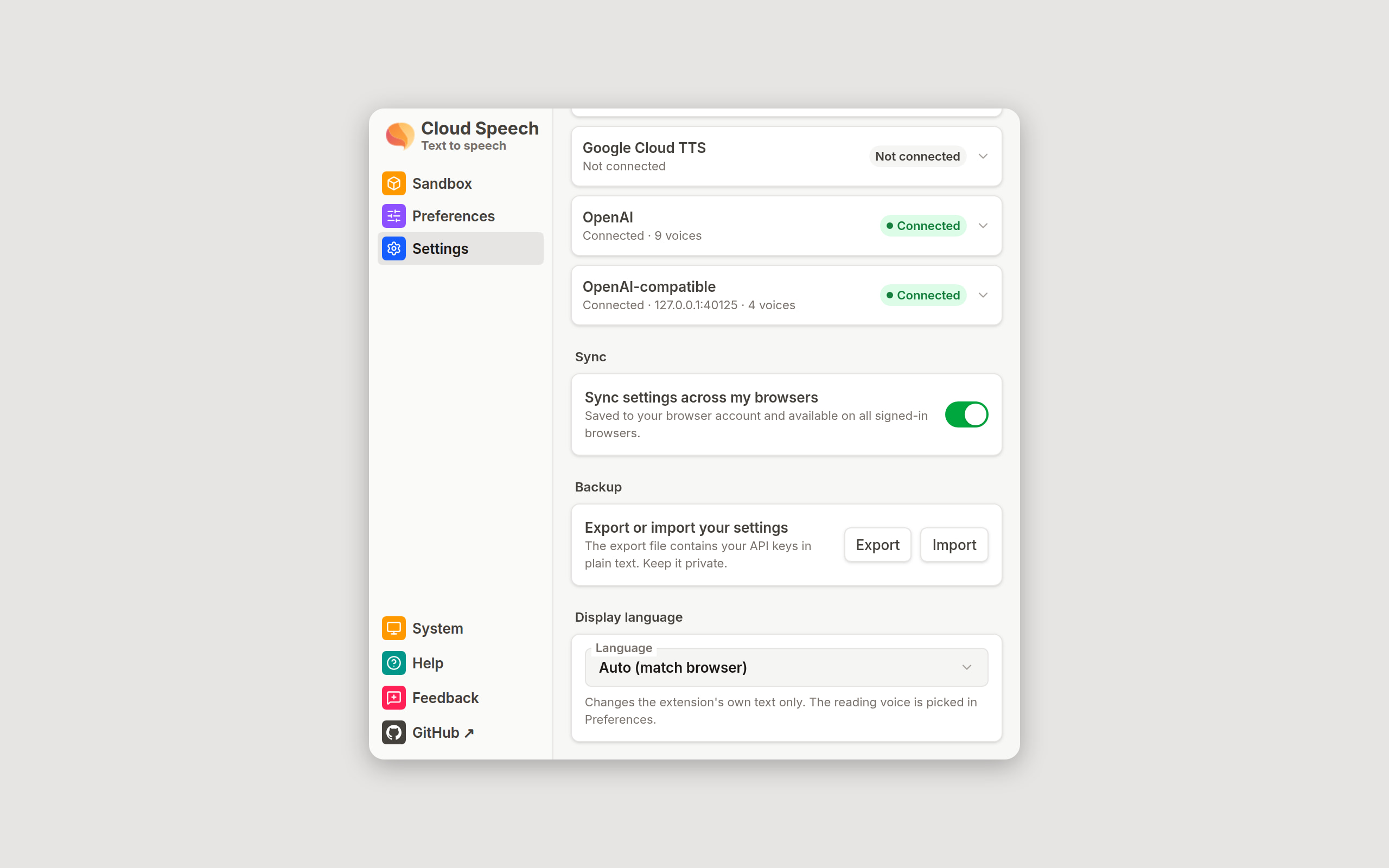 The end of the Settings view: the Sync card with its switch on, the Backup card with Export and Import buttons, and the Display language menu set to Auto.
