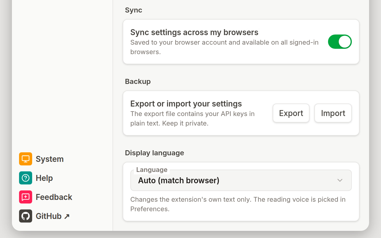 The end of the Settings view: the Sync card with its switch on, the Backup card with Export and Import buttons, and the Display language menu set to Auto.