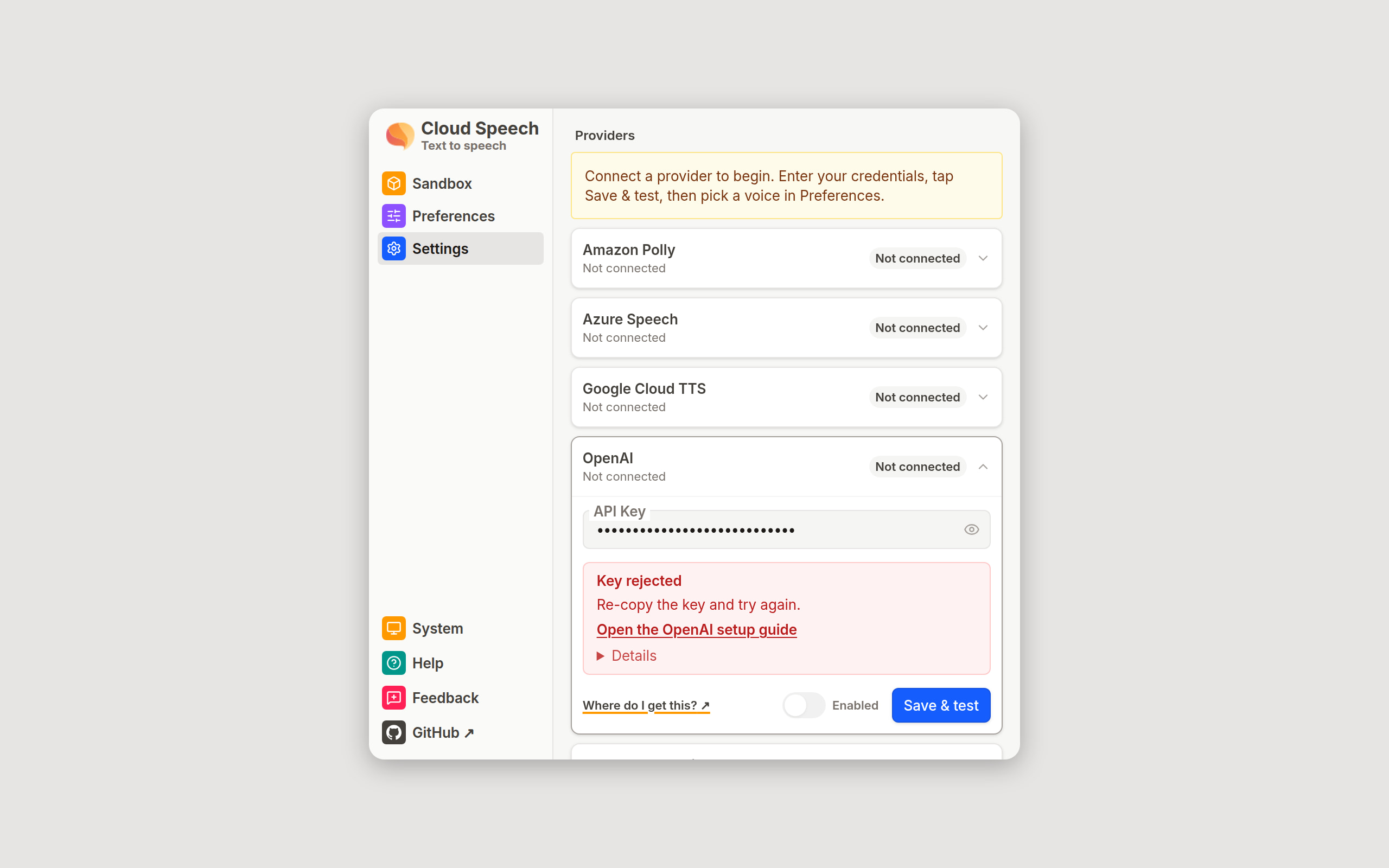 The Settings view with the OpenAI card expanded after a failed Save and test: a Not connected chip, a plain error sentence with a Details line under it, and the Save and test button.
