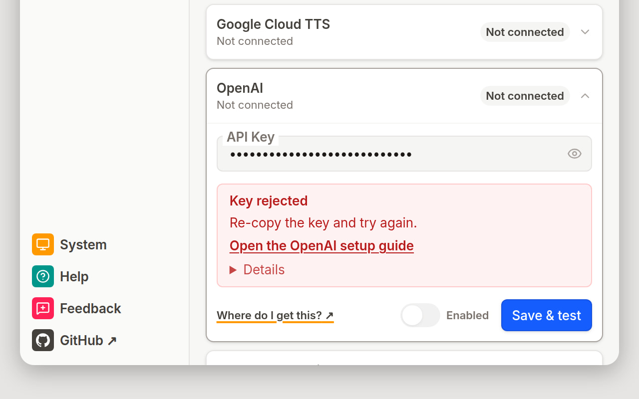 The Settings view with the OpenAI card expanded after a failed Save and test: a Not connected chip, a plain error sentence with a Details line under it, and the Save and test button.