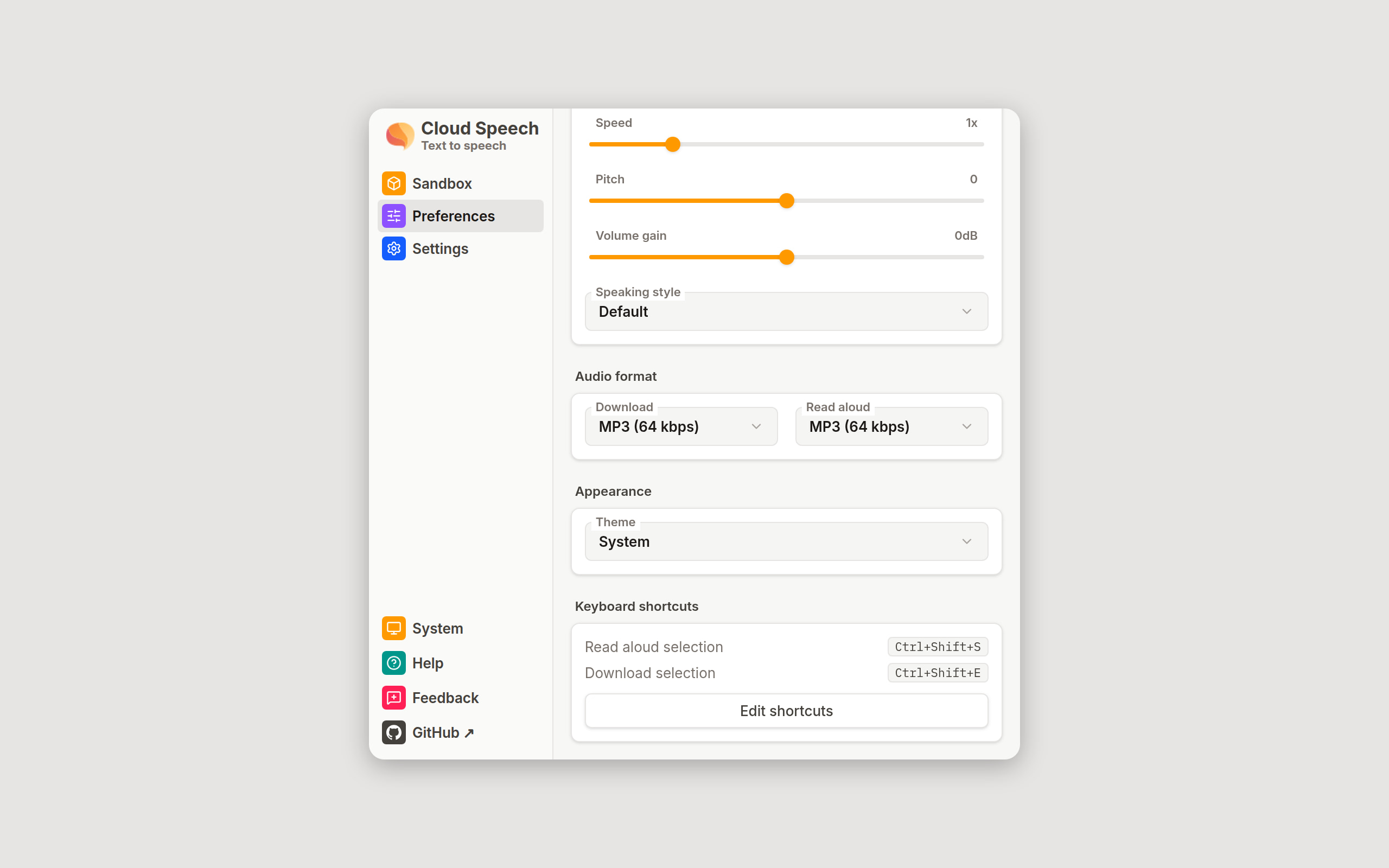 The end of the Preferences view: the Audio format menus for Download and Read aloud, the Theme menu set to System, and the Keyboard shortcuts card with two bindings and an Edit shortcuts button.