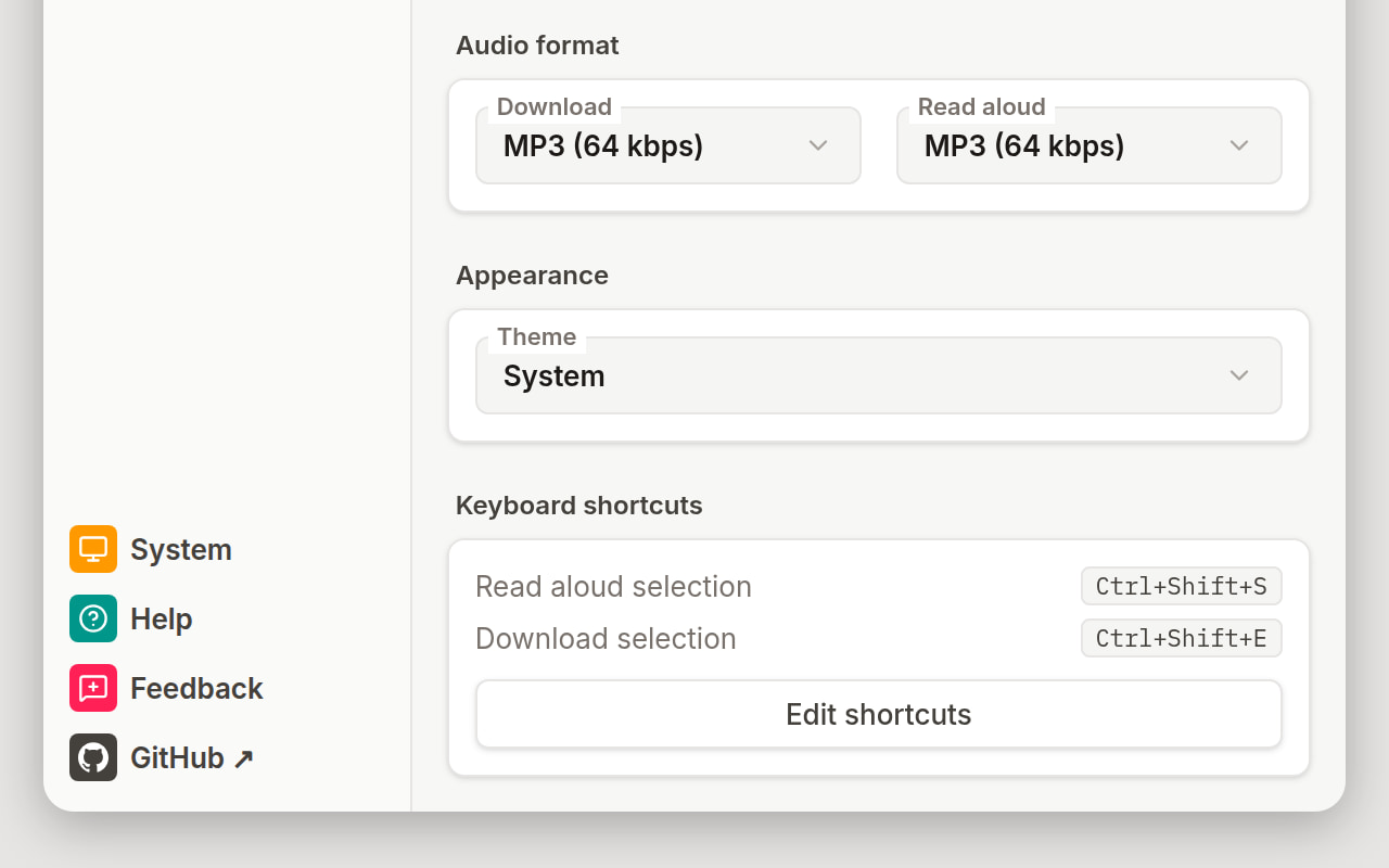 The end of the Preferences view: the Audio format menus for Download and Read aloud, the Theme menu set to System, and the Keyboard shortcuts card with two bindings and an Edit shortcuts button.