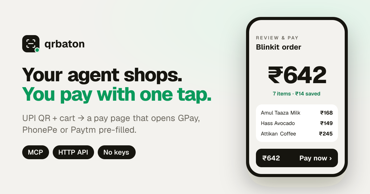 qrbaton: Your agent shops. You pay with one tap.