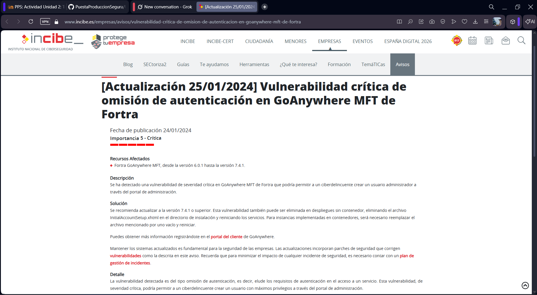 Pantallazo principal de la página INCIBE