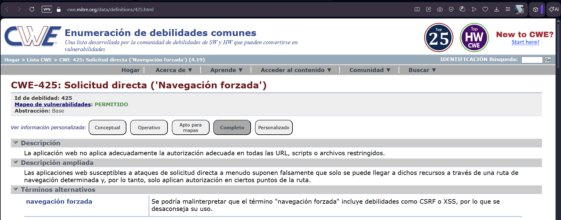 Página principal de CWE-425