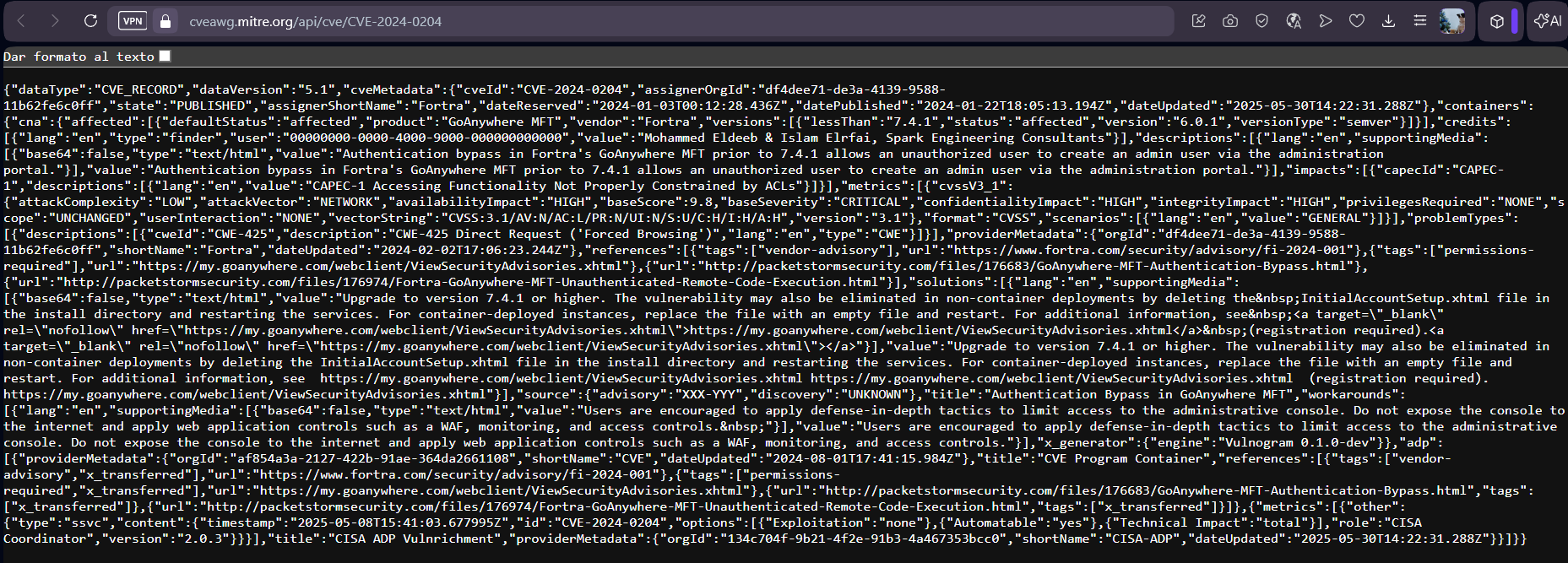 Vista del JSON con secciones clave