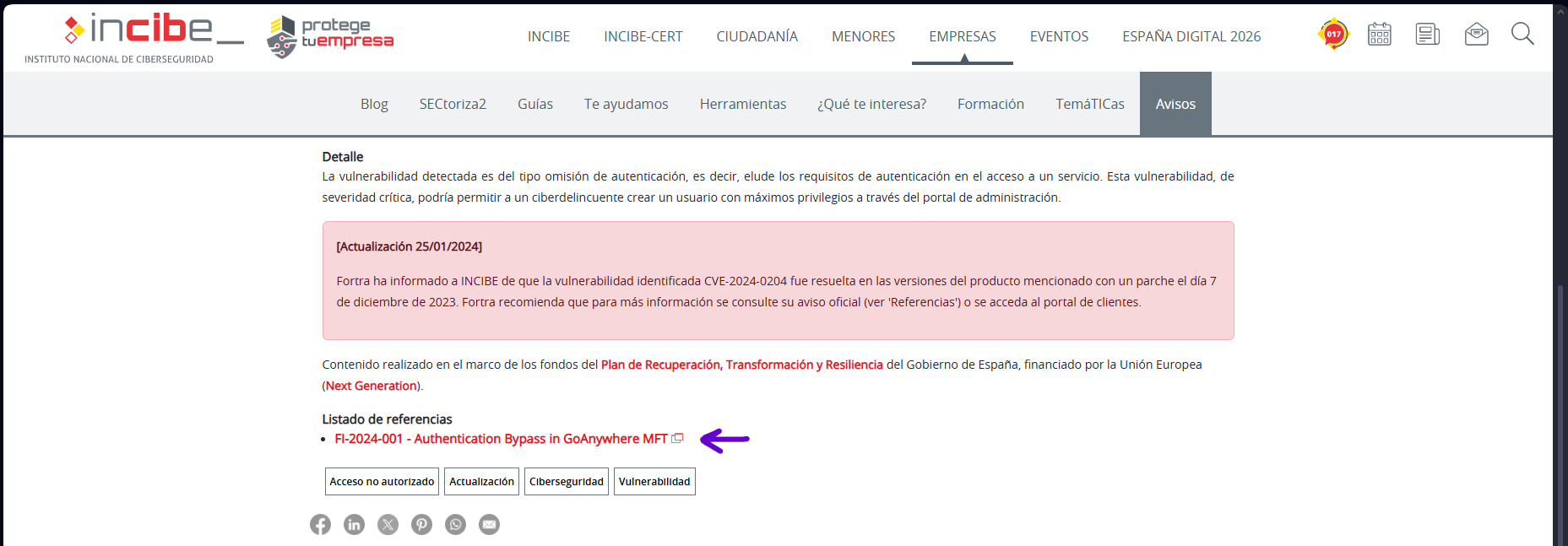 Pantallazo del listado de referencias en INCIBE