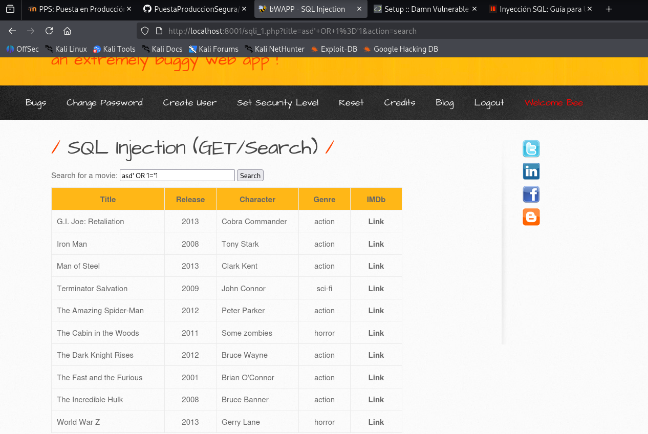 Explotación SQLi - todas las películas listadas