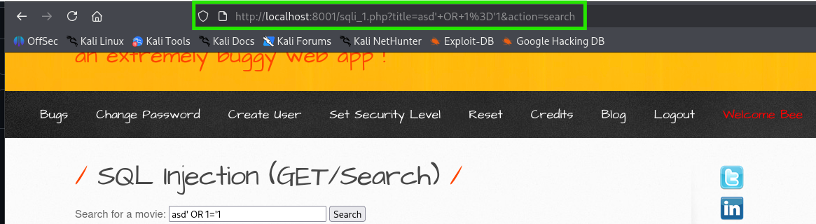 URL con payload inyectado - método GET