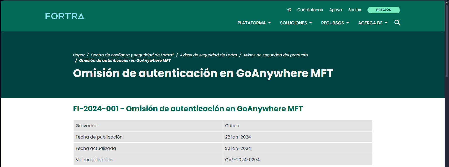 Página principal de Fortra con gravedad y vulnerabilidad