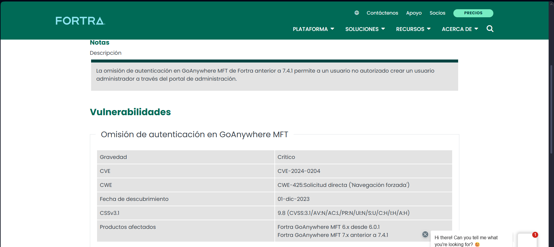 Página de Fortra con notas y vulnerabilidades