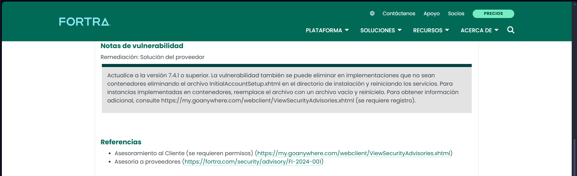 Notas de vulnerabilidad de Fortra y referencias