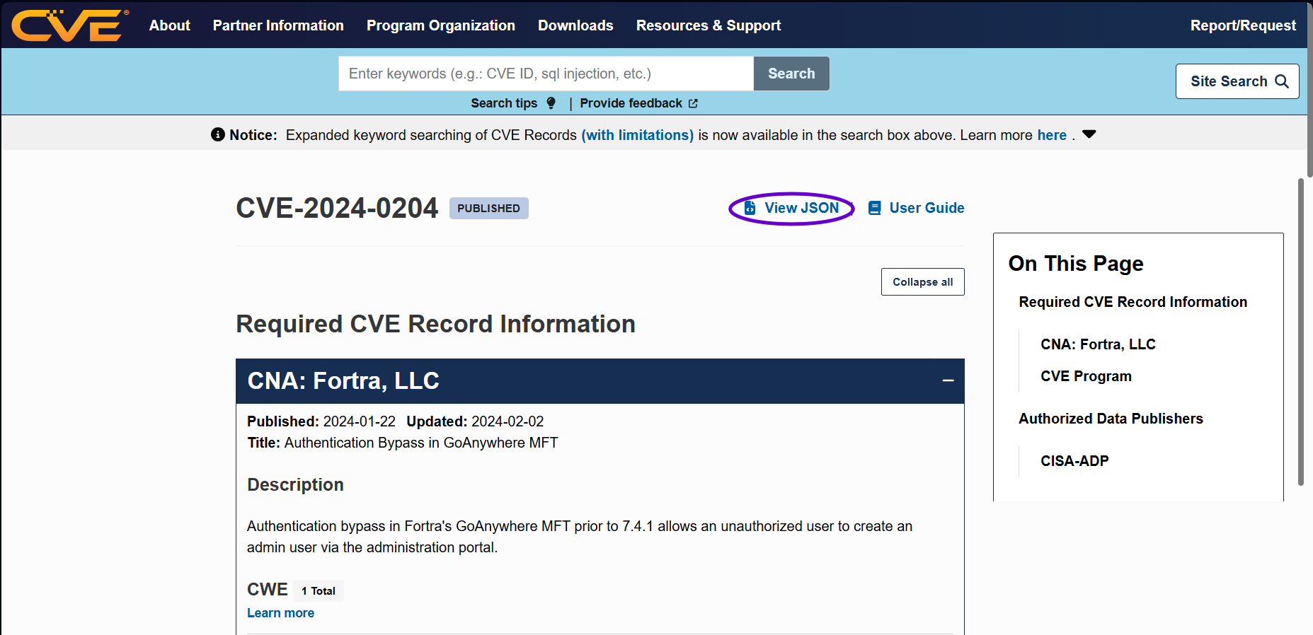 Página de CVE.org con el botón "View JSON" destacado