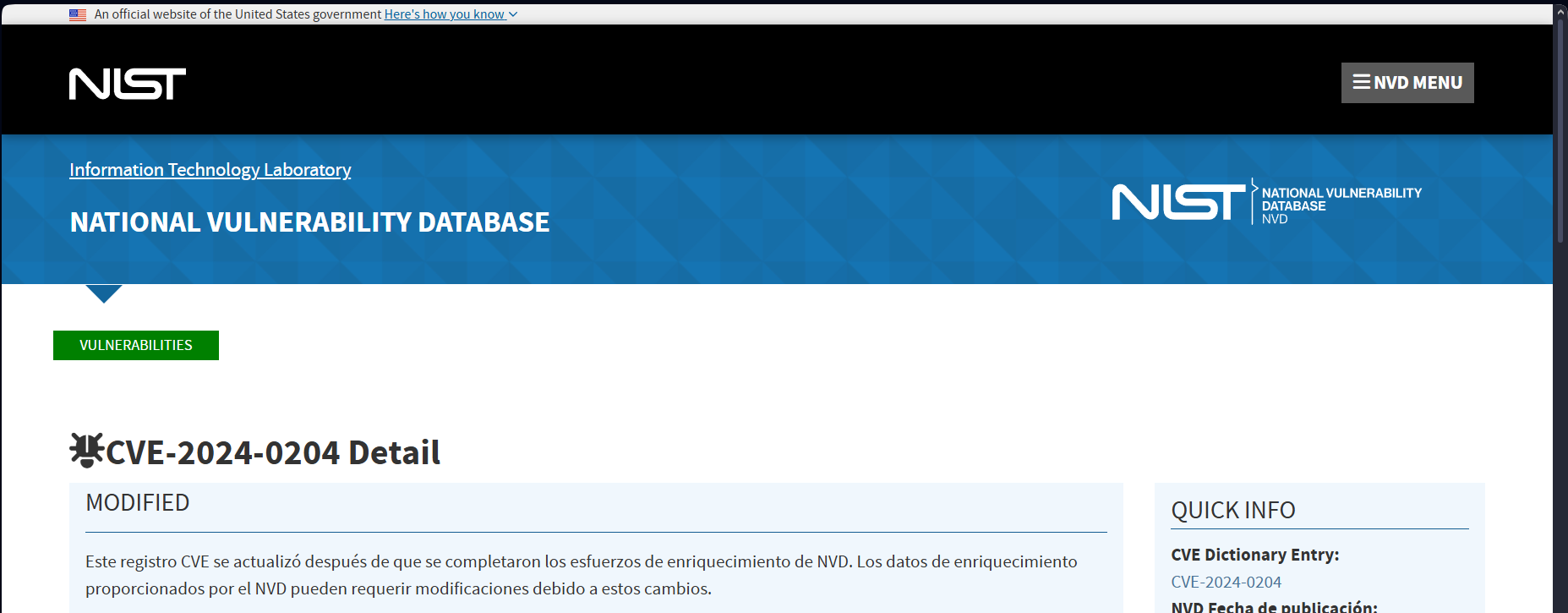 Pantallazo principal de la página NVD