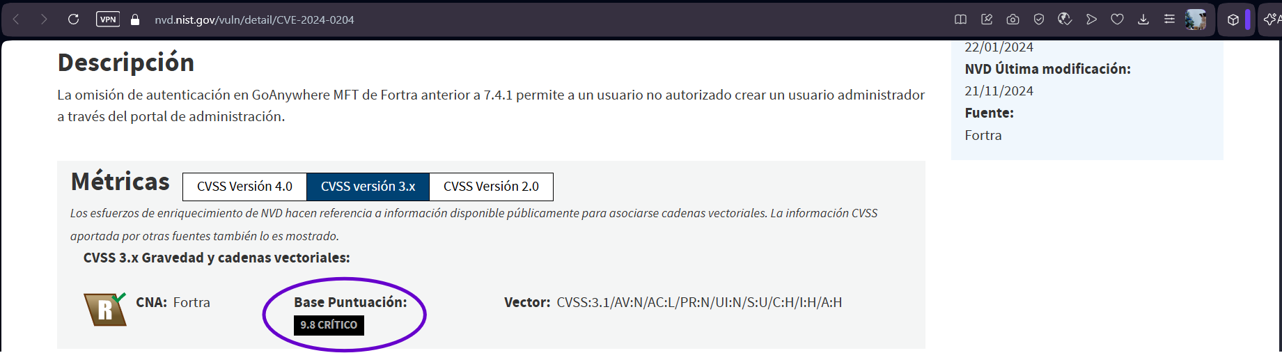 Descripción, métricas y base de puntuación en NVD