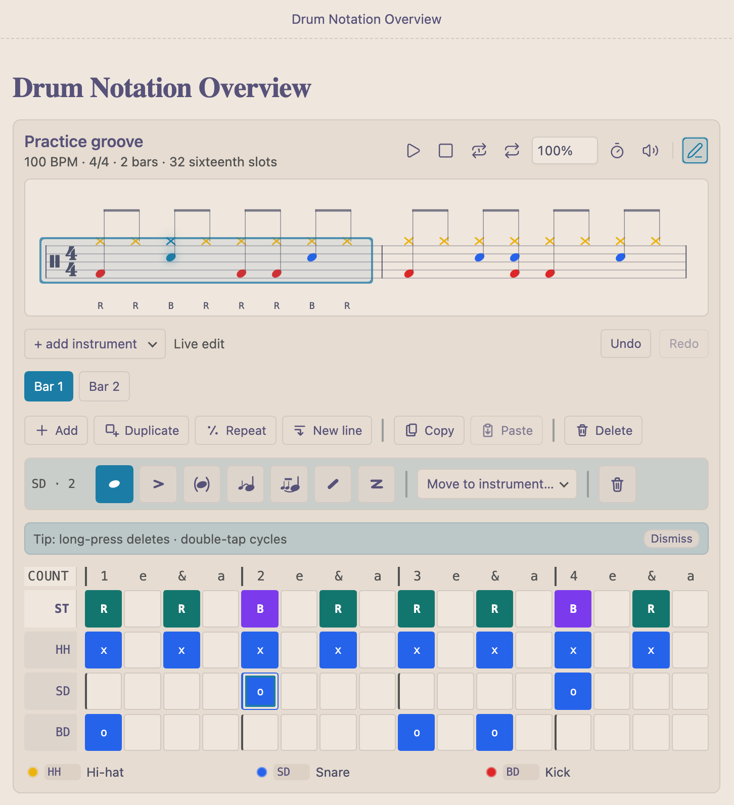 Drum Notation in Obsidian showing a playable two-bar groove and visual editor