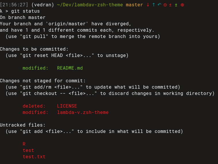 lambda-v - A combination of the Lambda and Fishy themes, includes git status decorations.