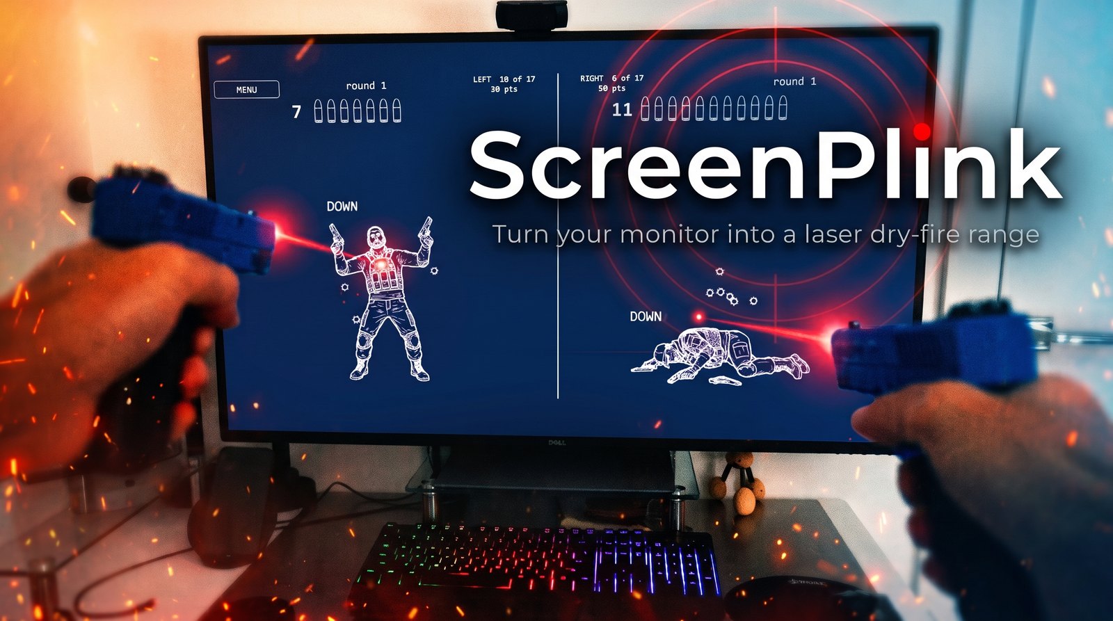 Watch the trailer: two laser pistols shooting figures on a monitor