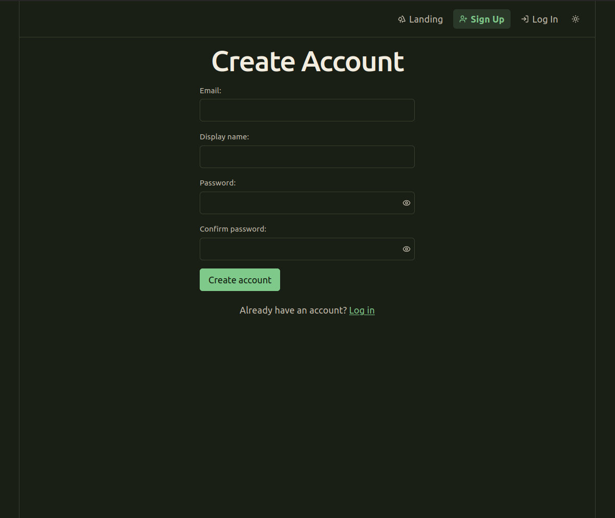 Create account screen