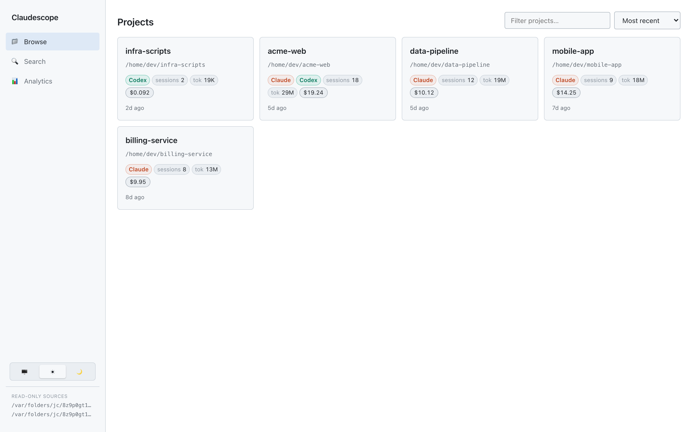 Browse projects and sessions