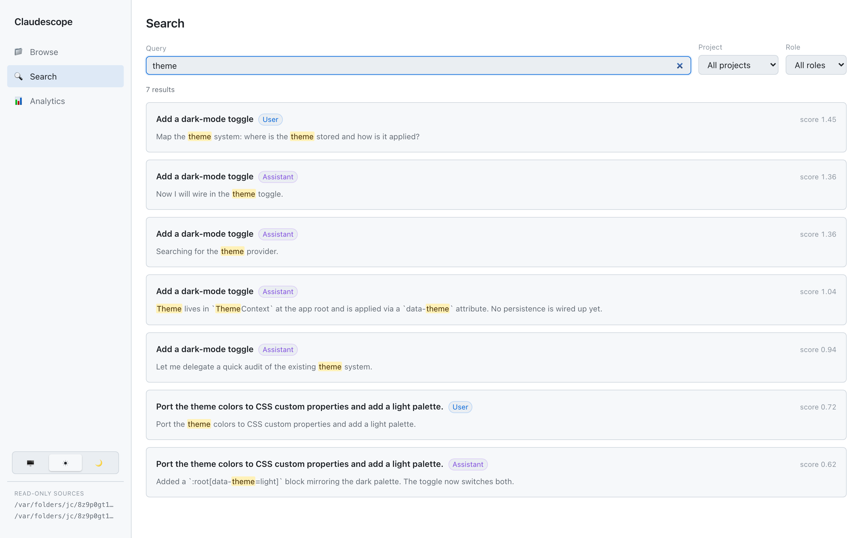 Full-text search across sessions