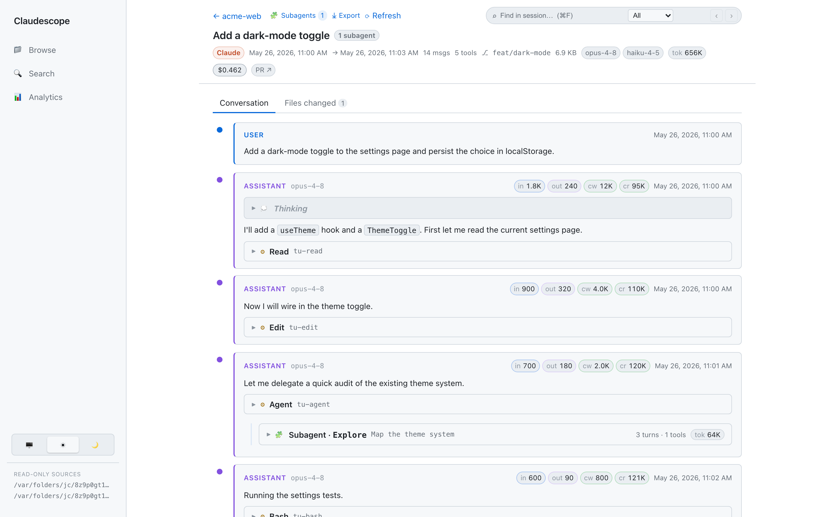 Session reader: breadcrumb, tabs, Export, the in-session finder, thinking, and a subagent run