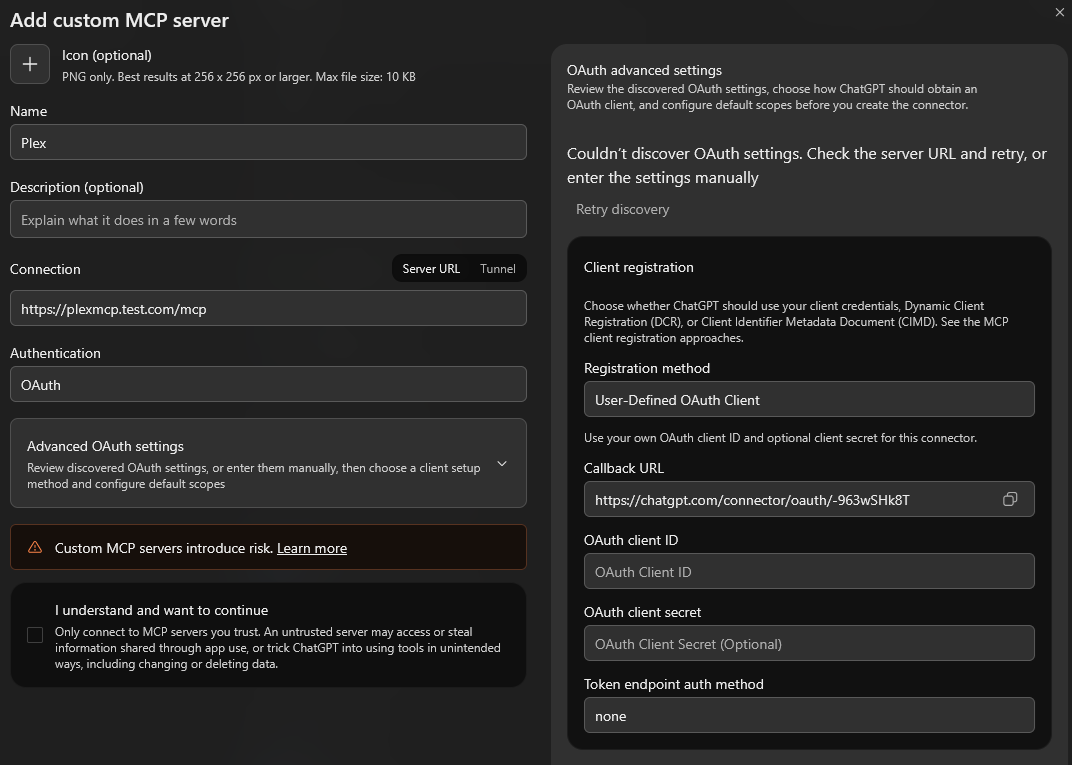 ChatGPT custom MCP server form with Advanced OAuth settings expanded