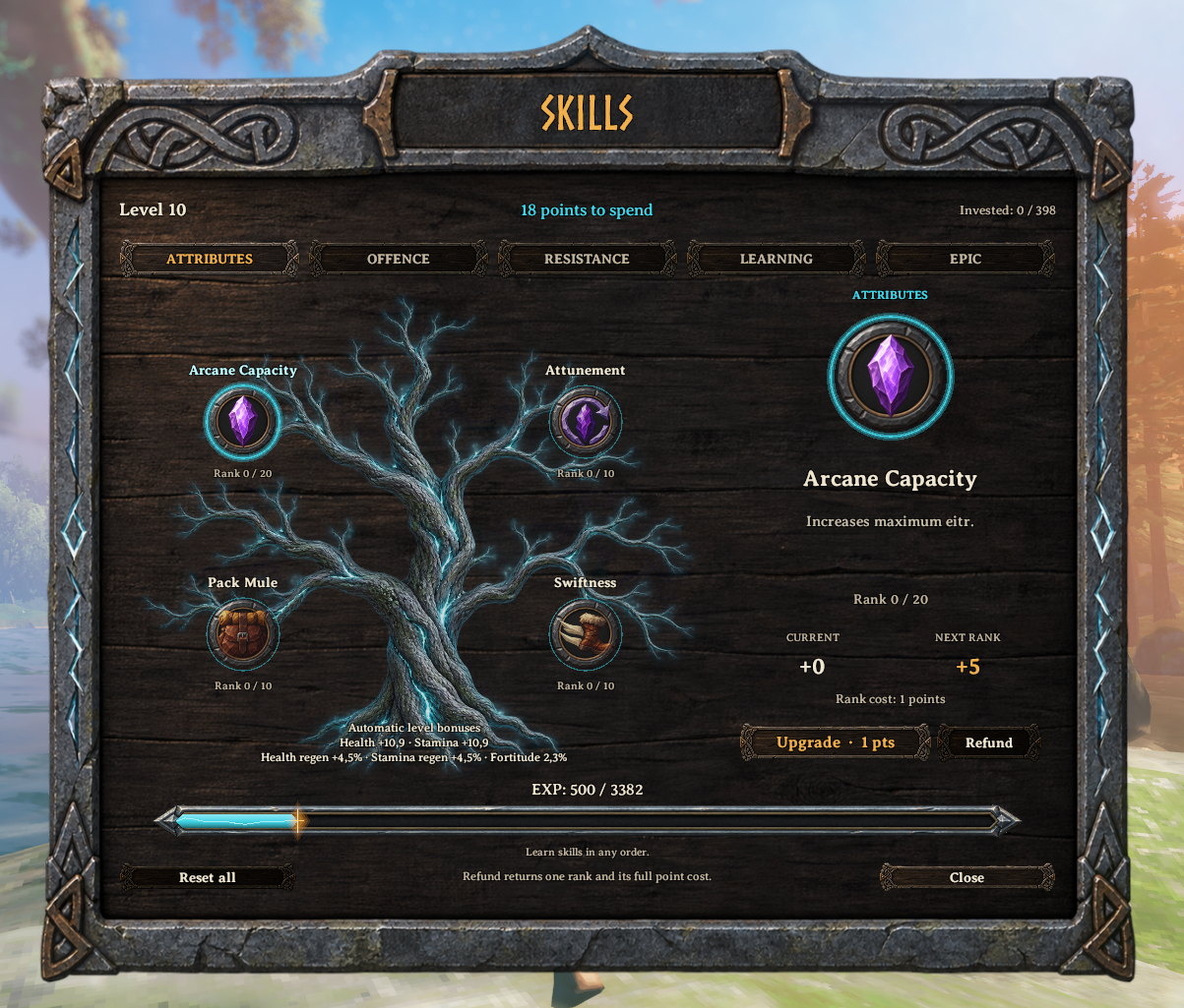 Skills window: Attributes tab and Arcane Capacity details / Окно навыков: характеристики и описание запаса эйтра