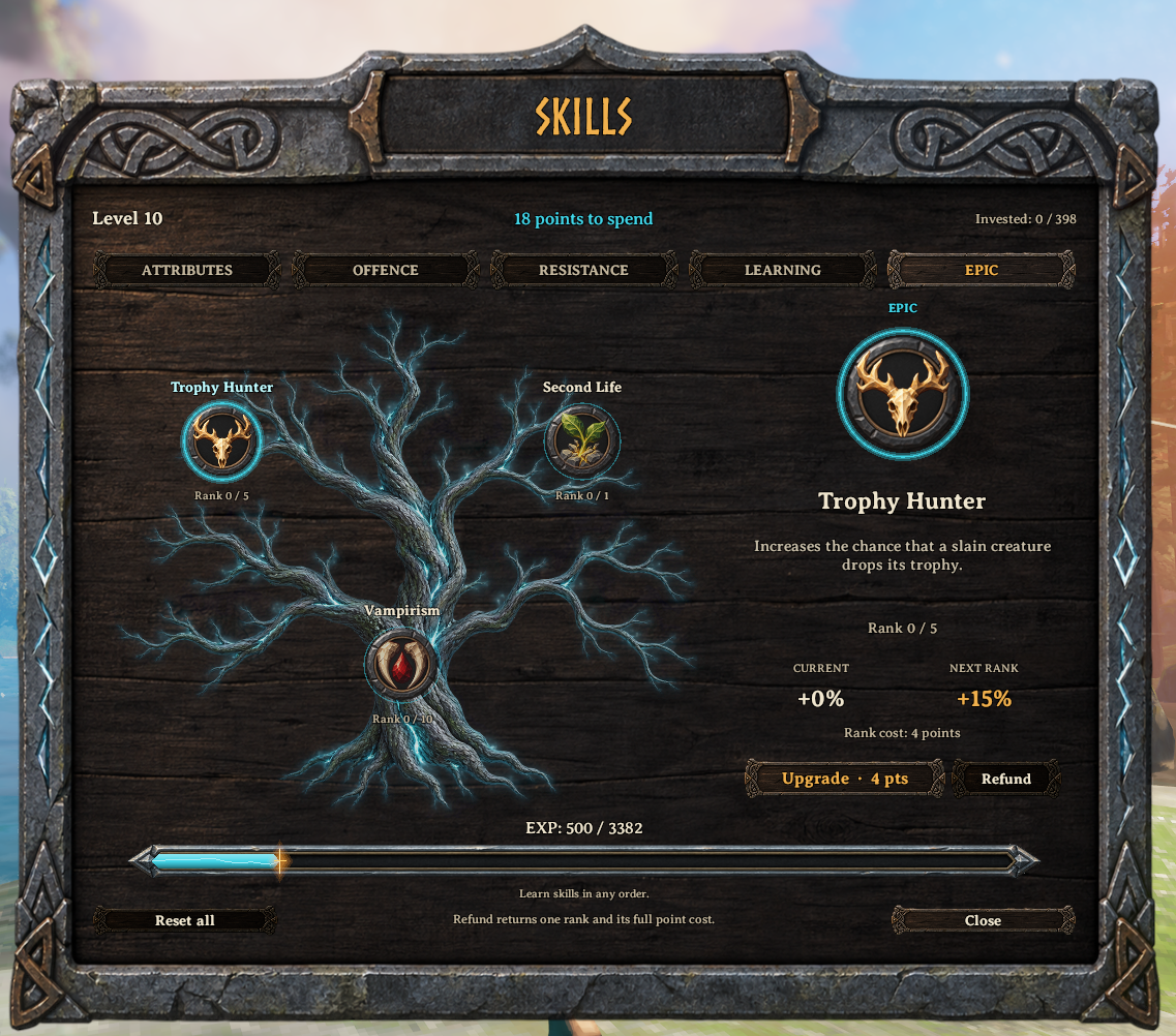 Epic skill tree with Trophy Hunter, Second Life and Vampirism / Дерево легендарных навыков
