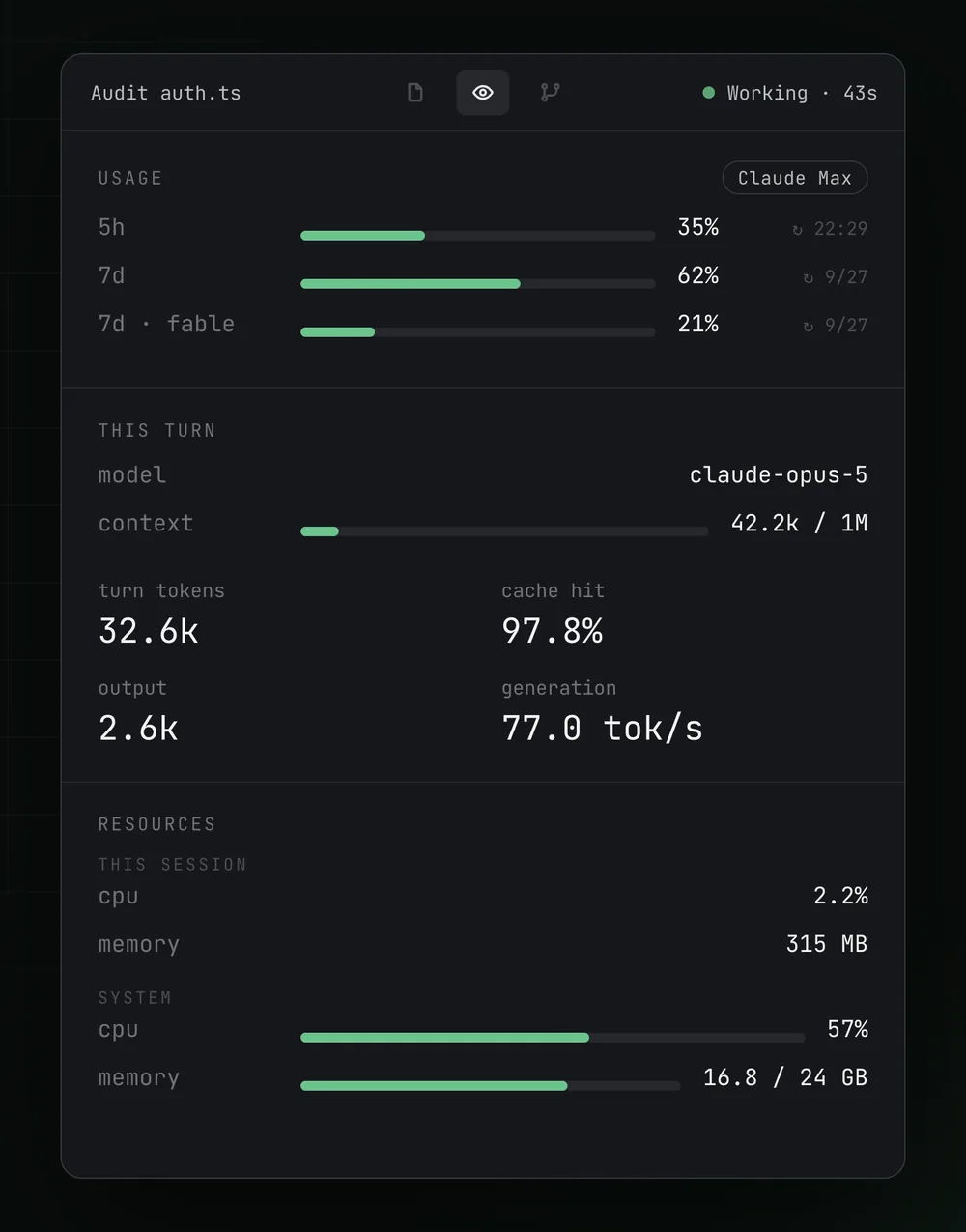 The info panel with plan quota, context, tokens and system load