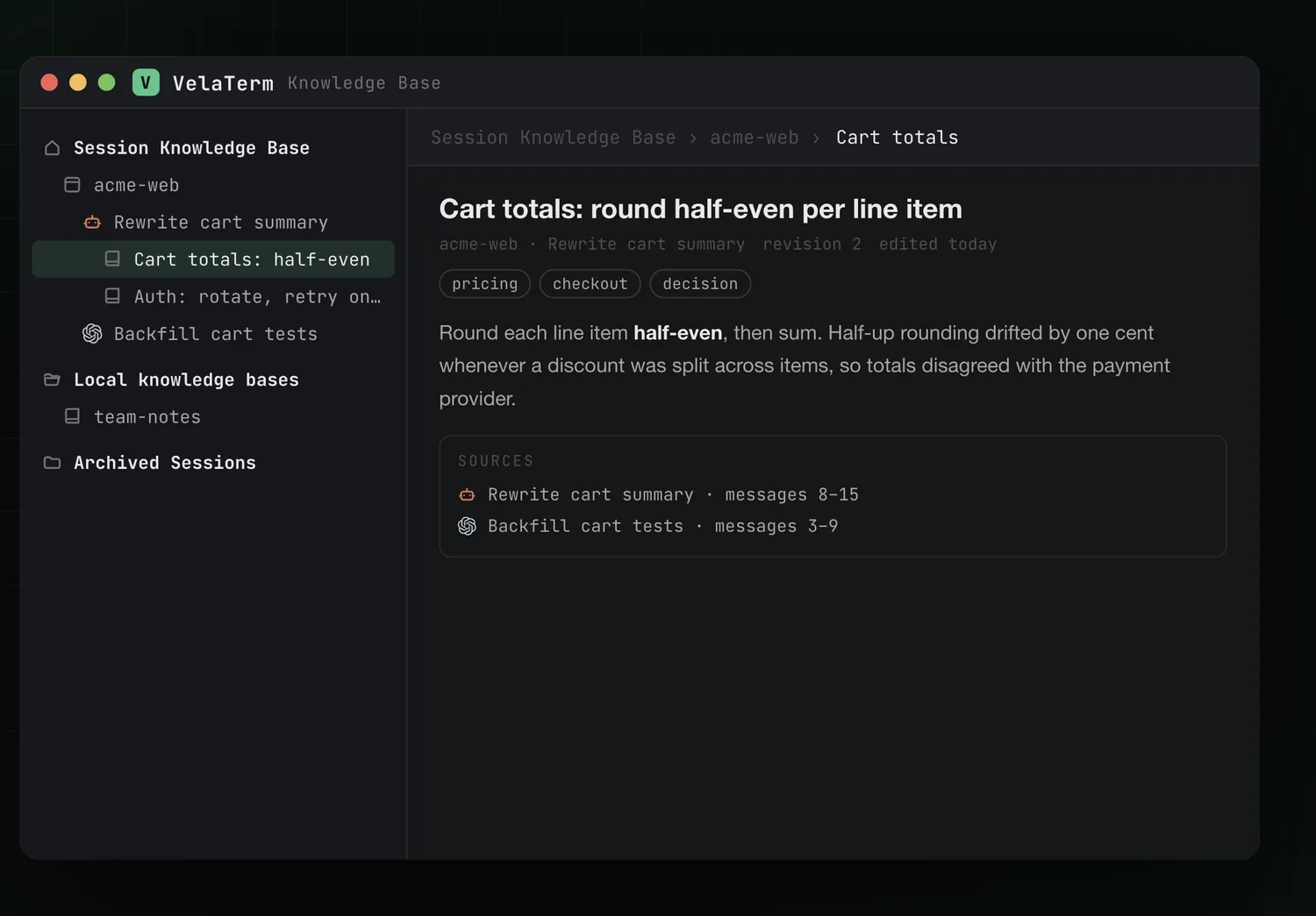 A knowledge base entry with its source sessions