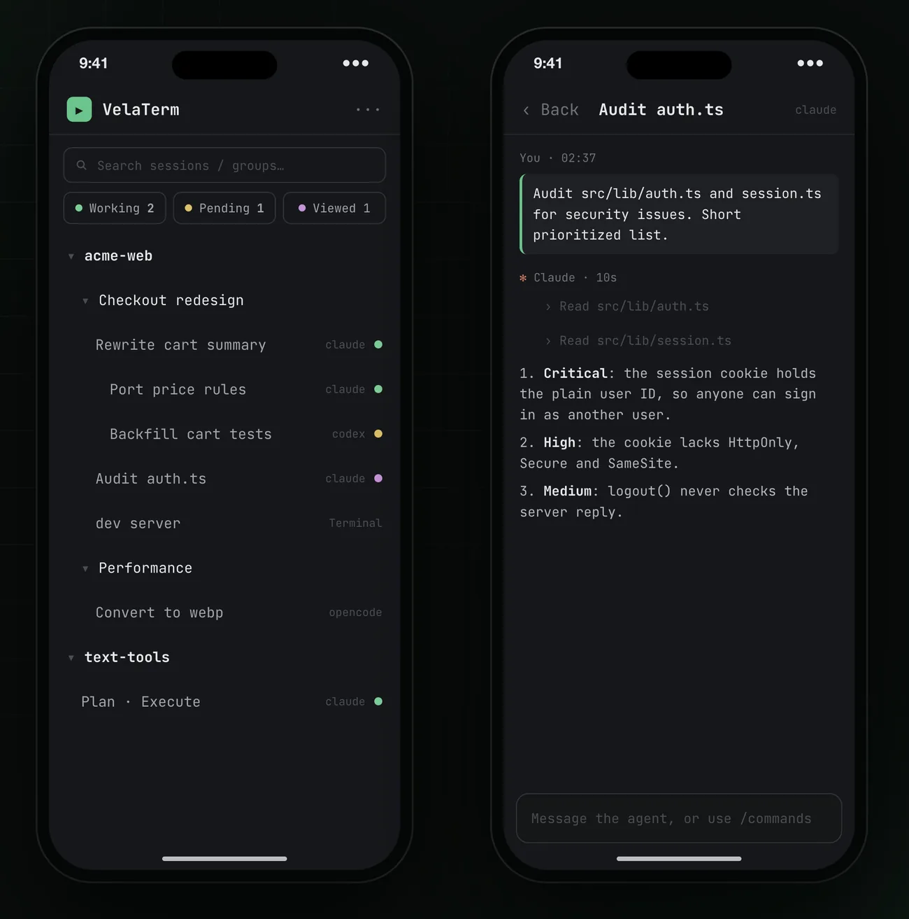 The iOS and Android app showing the session tree and an agent reply