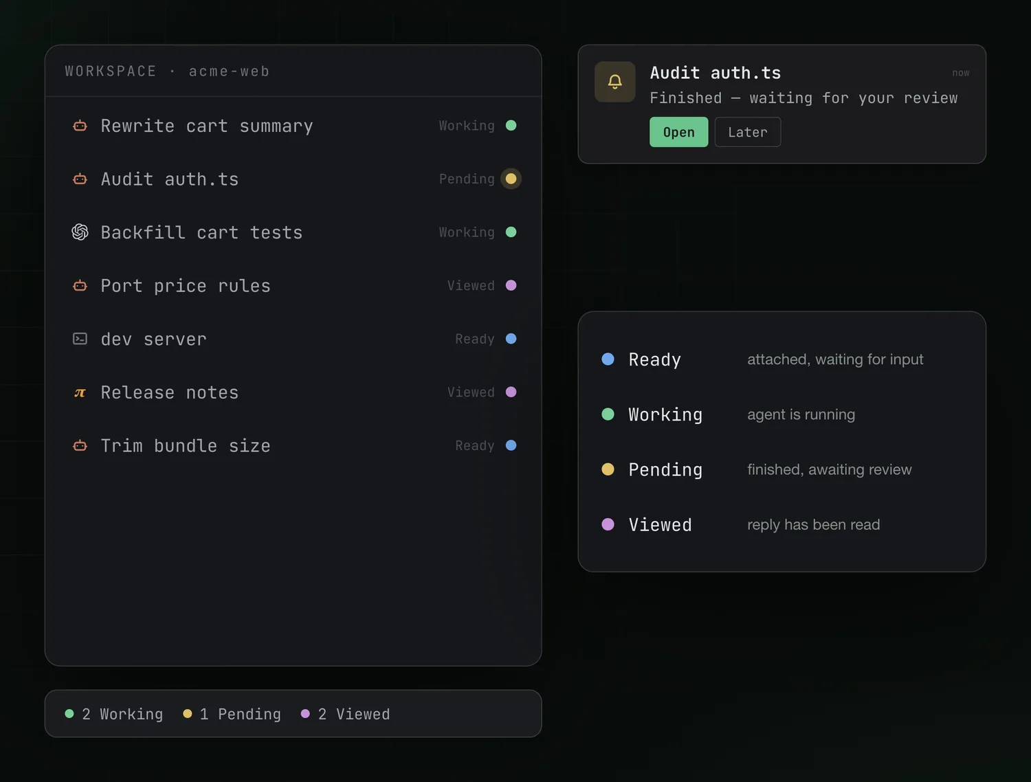 Session states in the session tree, the status bar and a notification