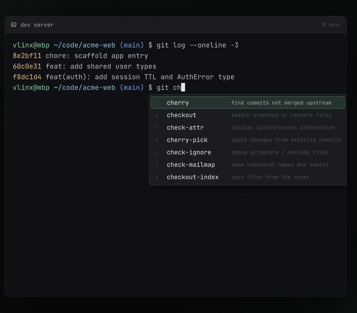 Command suggestions appearing while typing a git command