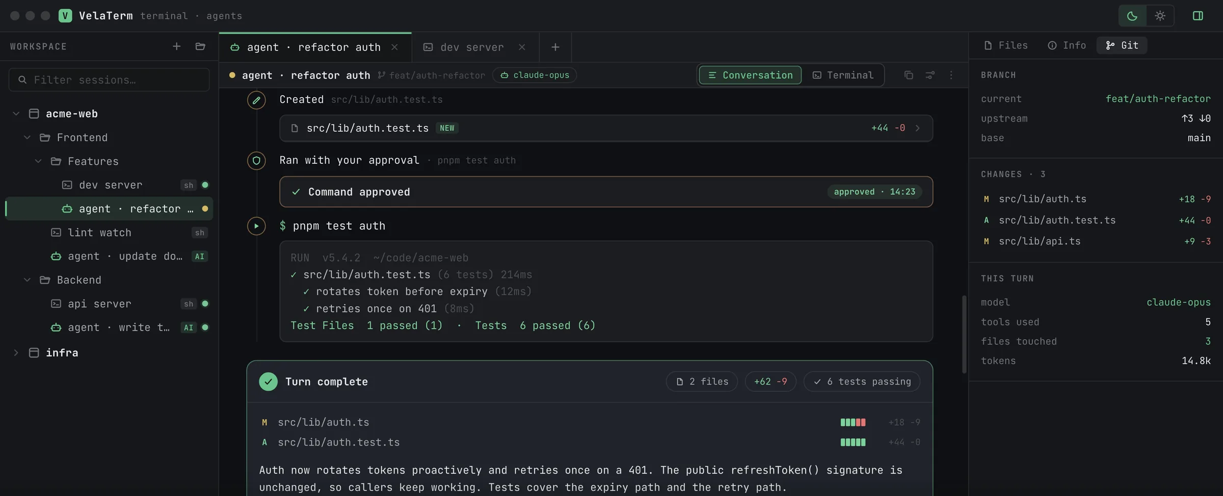 An agent session in the conversation view, with the plan, edits, commands and test results