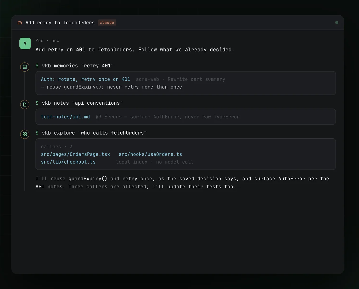 An agent looking up knowledge, notes and the code graph with vkb