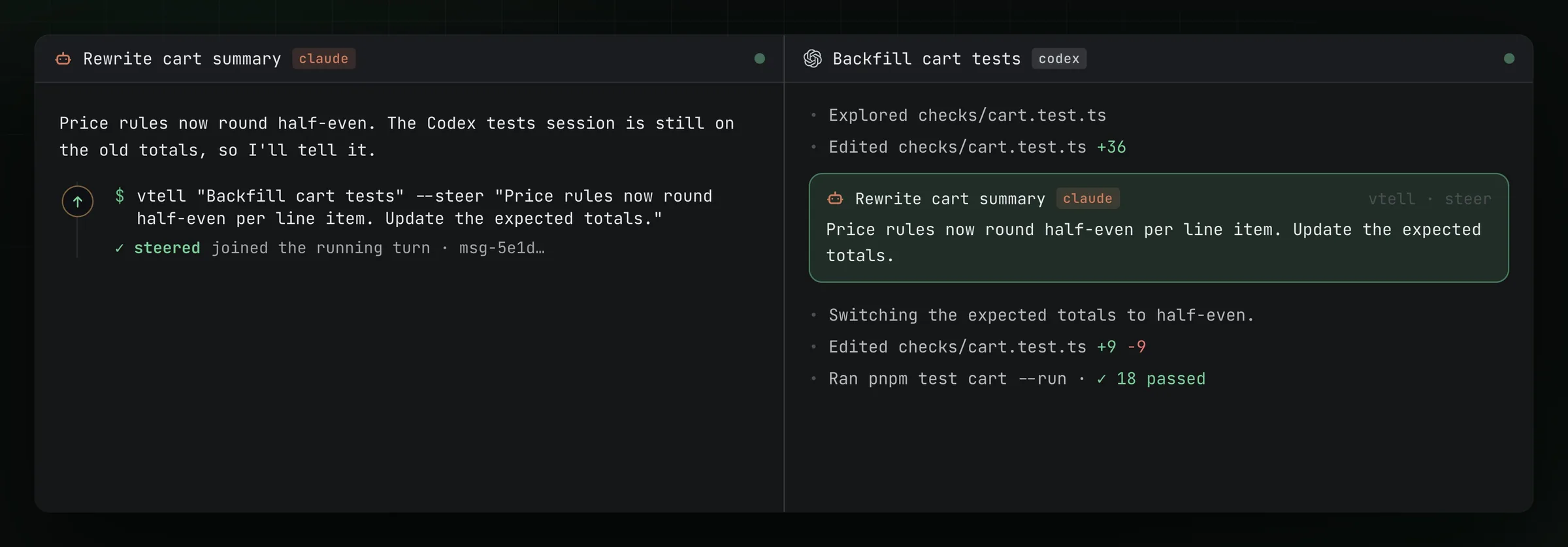 A Claude session steering a Codex session with vtell