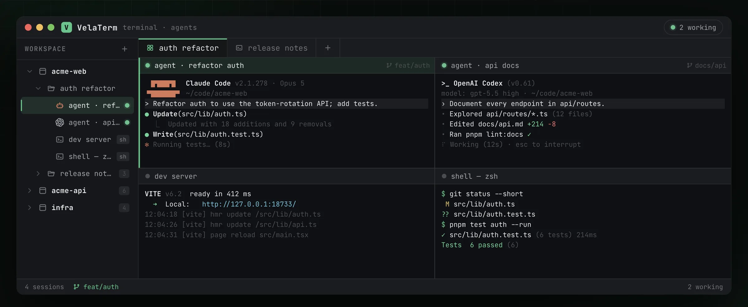 Claude Code, Codex, a dev server and a shell side by side in one VelaTerm window