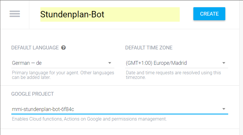 Dialogflow > New Agent > Google Project